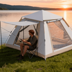 Family Quick-opening Tent 84.6L X 84.6W X 55.9H Tent Instant Camping Rainproof Tent 2-4 Person Tent Outdoor Tent Camping Tent  Hiking Tent Campin (Option: Off white-215x215x142cm)