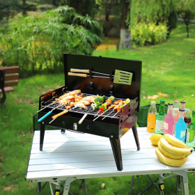 16.7x10x17.7in Portable Charcoal Grill Foldable BBQ Suitcase Grill Shelf For Outdoor Camping Picnics Garden Grilling (Option: Black)